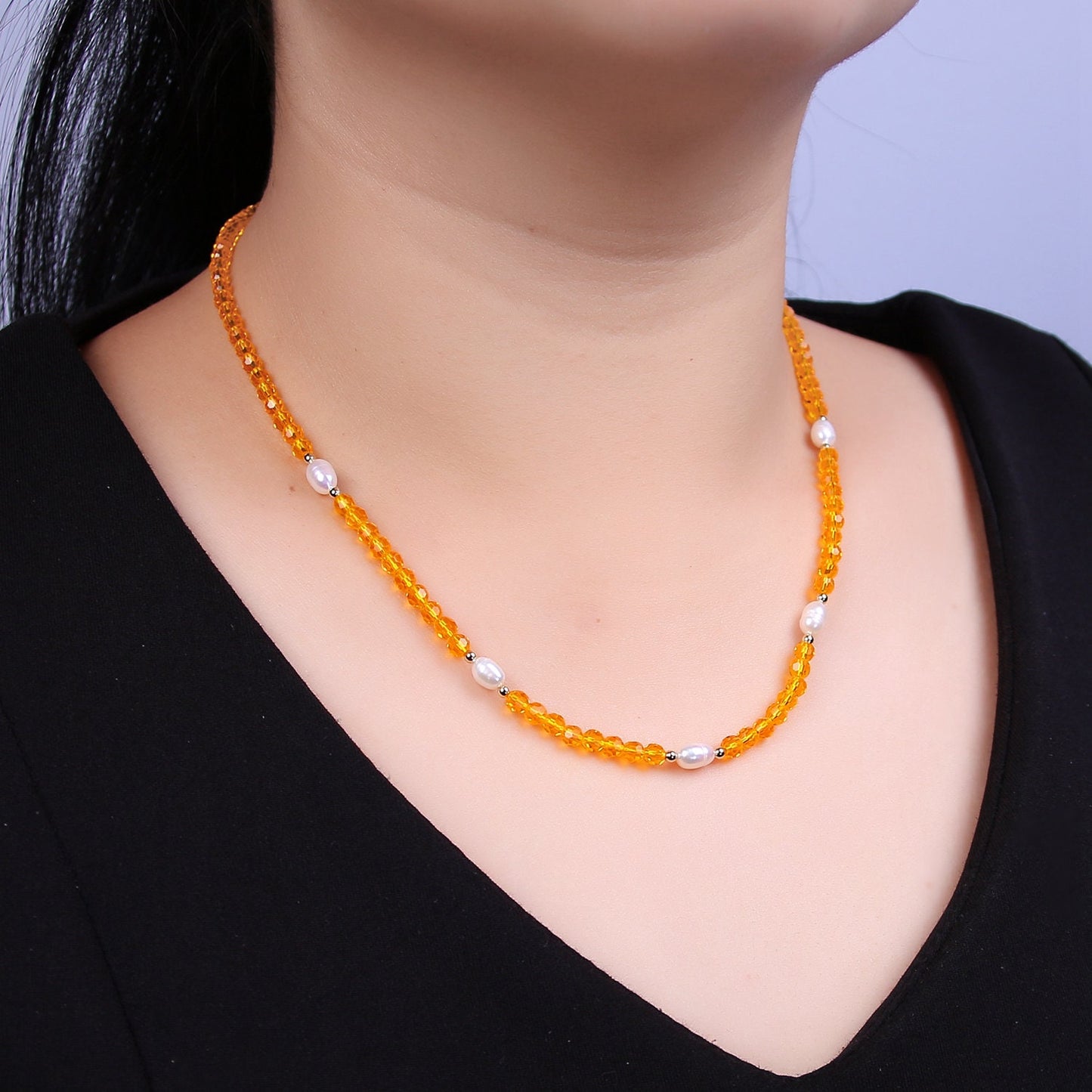 Pearl with Orange Glass Beaded Necklace, Orange Faceted Rondelle Beads Necklace | WA-605