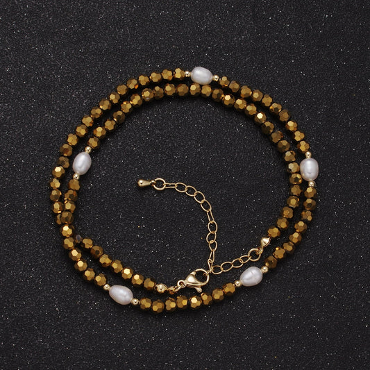 Pearl with Gold Glass Beaded Necklace, Gold Faceted Rondell Beads Necklace | WA-609