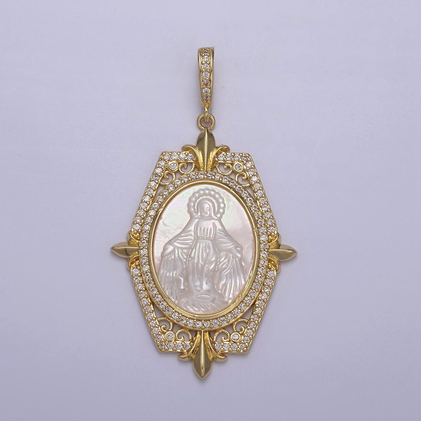 1x Bold Pearl Center Virign Mary Charm Micro CZ Paved Charm w/ Hexagonal Fleur Decor Frame DIY Pendant Component Necklace | N-567 N-568