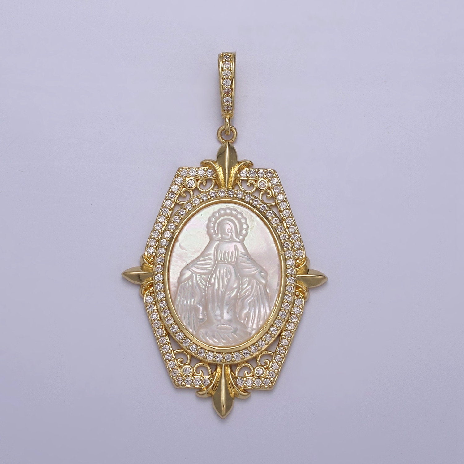 1x Bold Pearl Center Virign Mary Charm Micro CZ Paved Charm w/ Hexagonal Fleur Decor Frame DIY Pendant Component Necklace | N-567 N-568