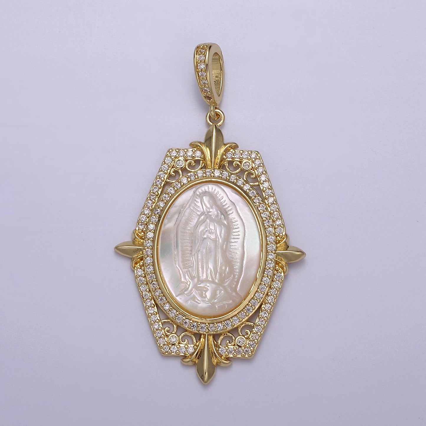 1x Bold Pearl Center Virign Mary Charm Micro CZ Paved Charm w/ Hexagonal Fleur Decor Frame DIY Pendant Component Necklace | N-567 N-568