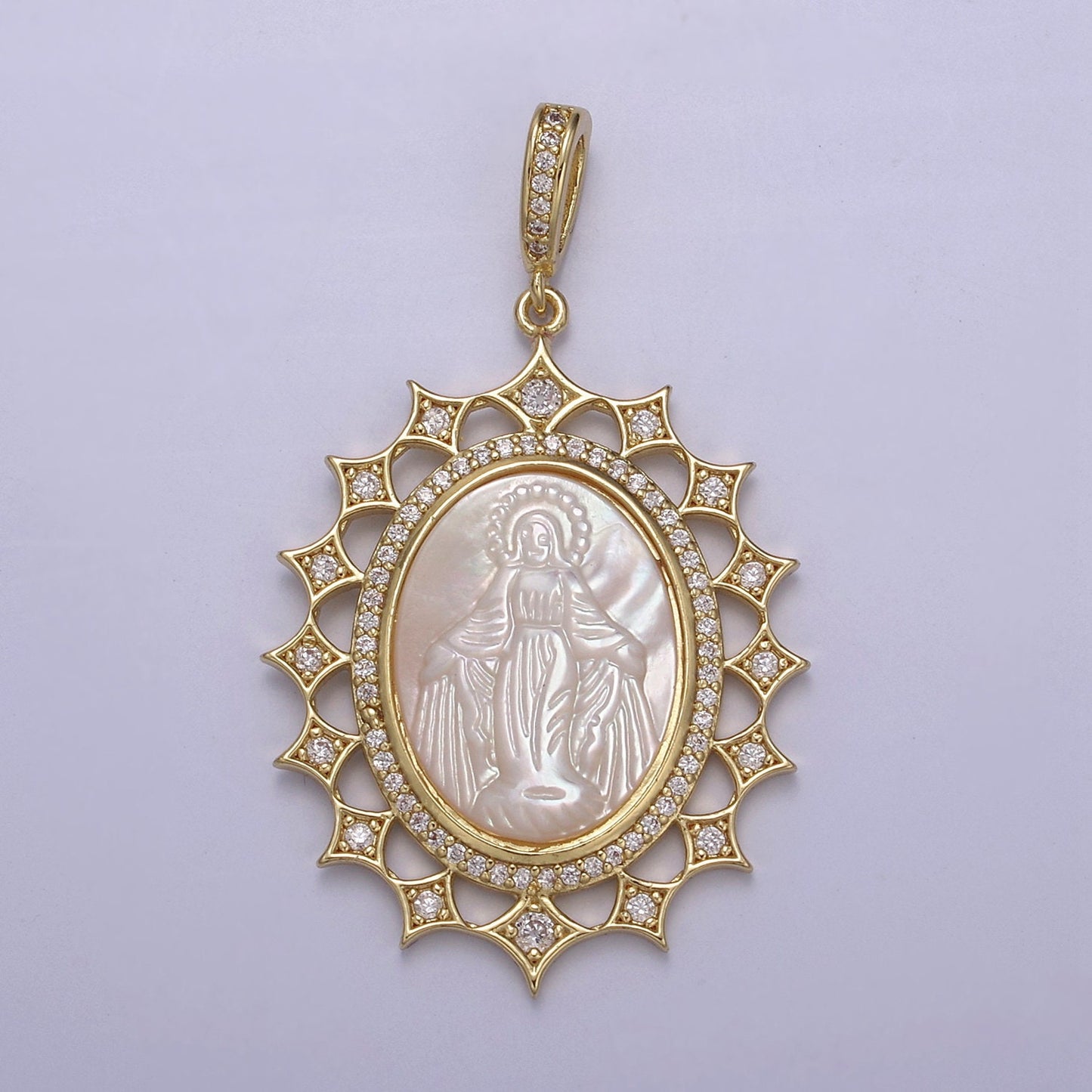 Gold Sun Oval Pearl Medallion Virgin Mary / Miraculous Lady Guadalupe Pendant Medallion for Statement Jewelry Necklace Supply N-569