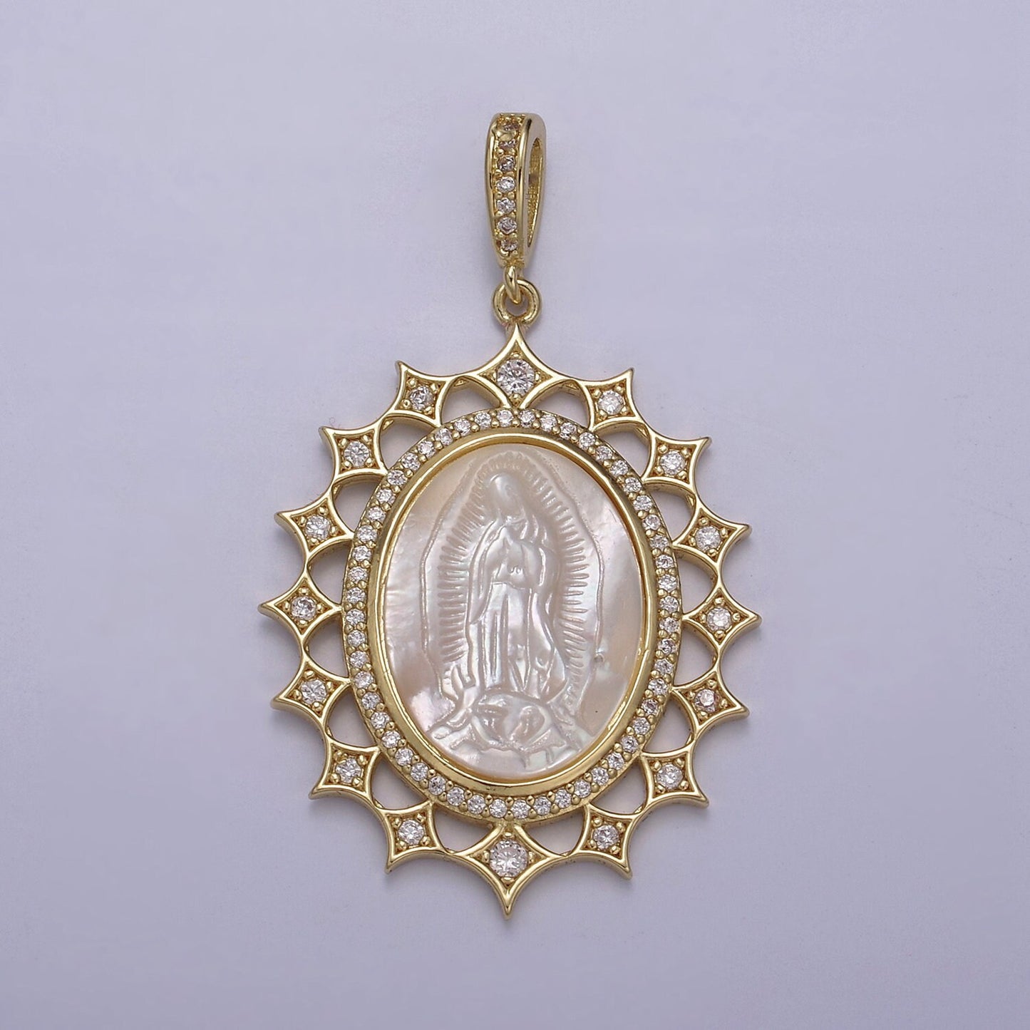 Gold Sun Oval Pearl Medallion Virgin Mary / Miraculous Lady Guadalupe Pendant Medallion for Statement Jewelry Necklace Supply N-569