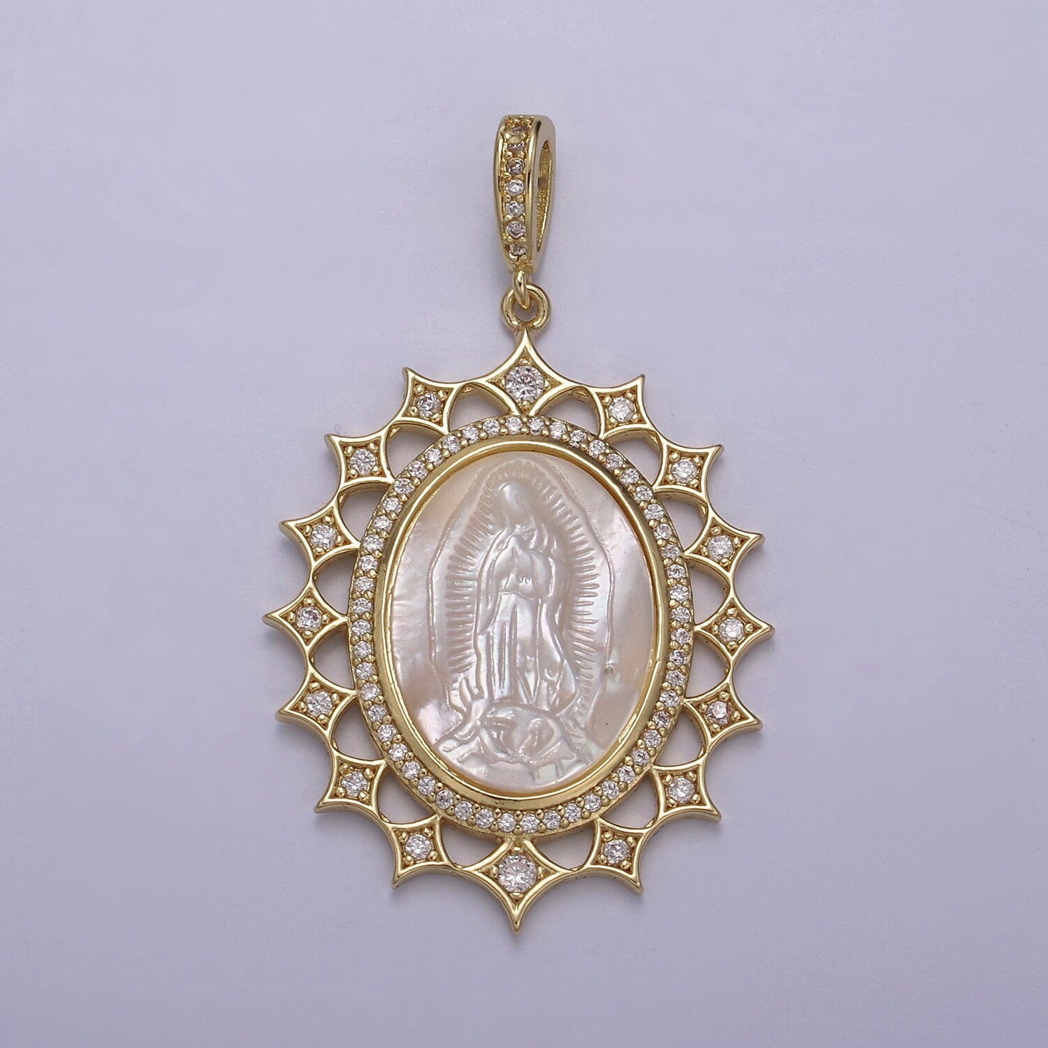 Gold Sun Oval Pearl Medallion Virgin Mary / Miraculous Lady Guadalupe Pendant Medallion for Statement Jewelry Necklace Supply N-569