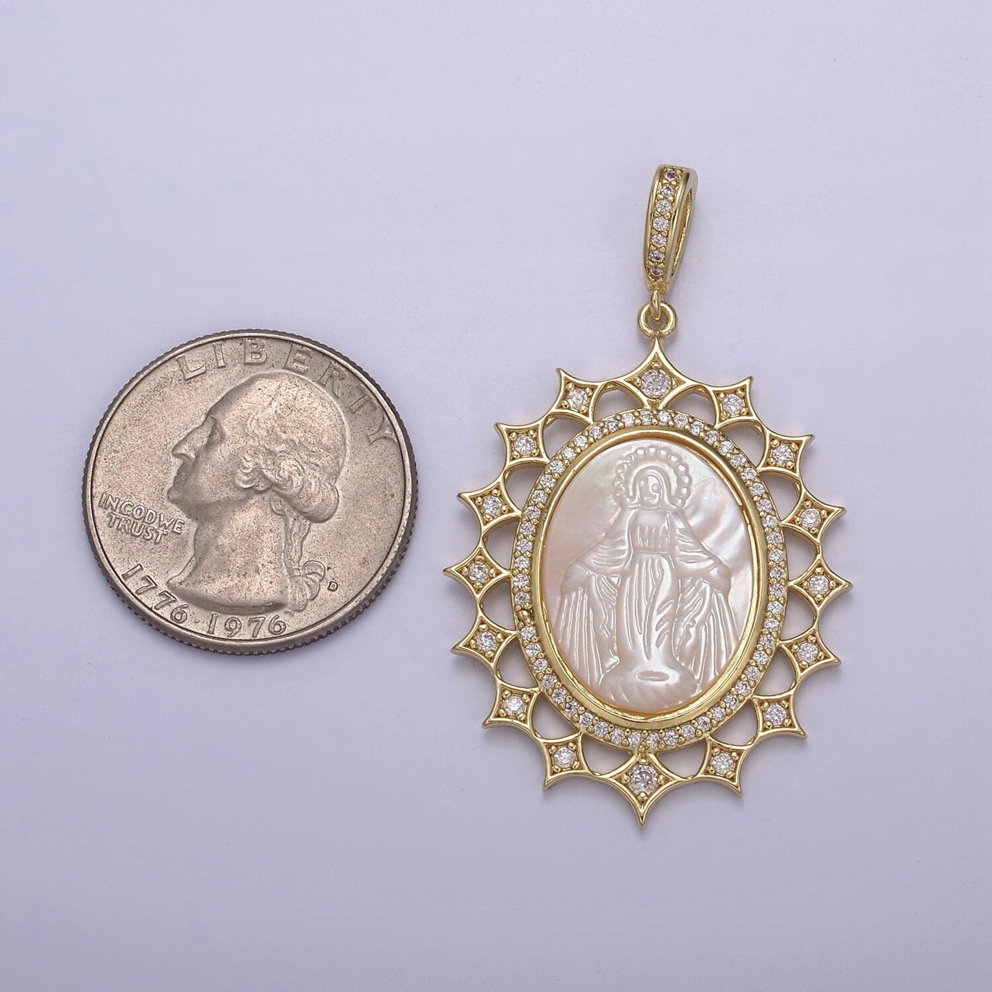 Gold Sun Oval Pearl Medallion Virgin Mary / Miraculous Lady Guadalupe Pendant Medallion for Statement Jewelry Necklace Supply N-569