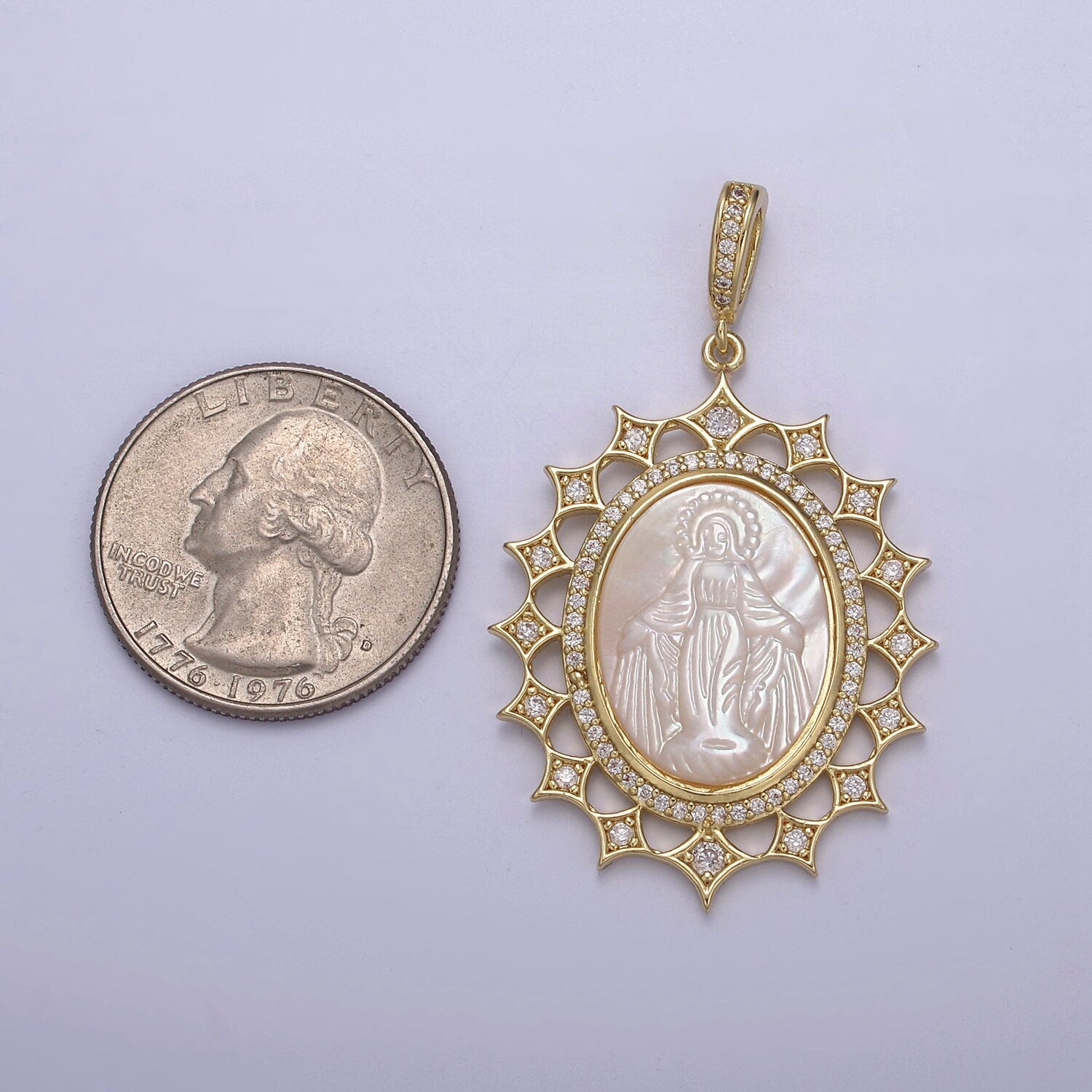 Gold Sun Oval Pearl Medallion Virgin Mary / Miraculous Lady Guadalupe Pendant Medallion for Statement Jewelry Necklace Supply N-569