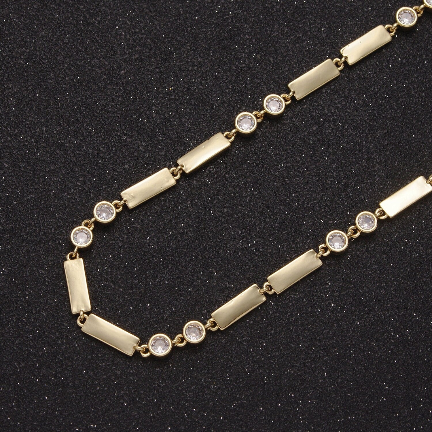 Gold Bezel Chain Necklace, Flat Bar Satellite Layered Jewelry • Layering Necklace for Statement Necklace WA-739