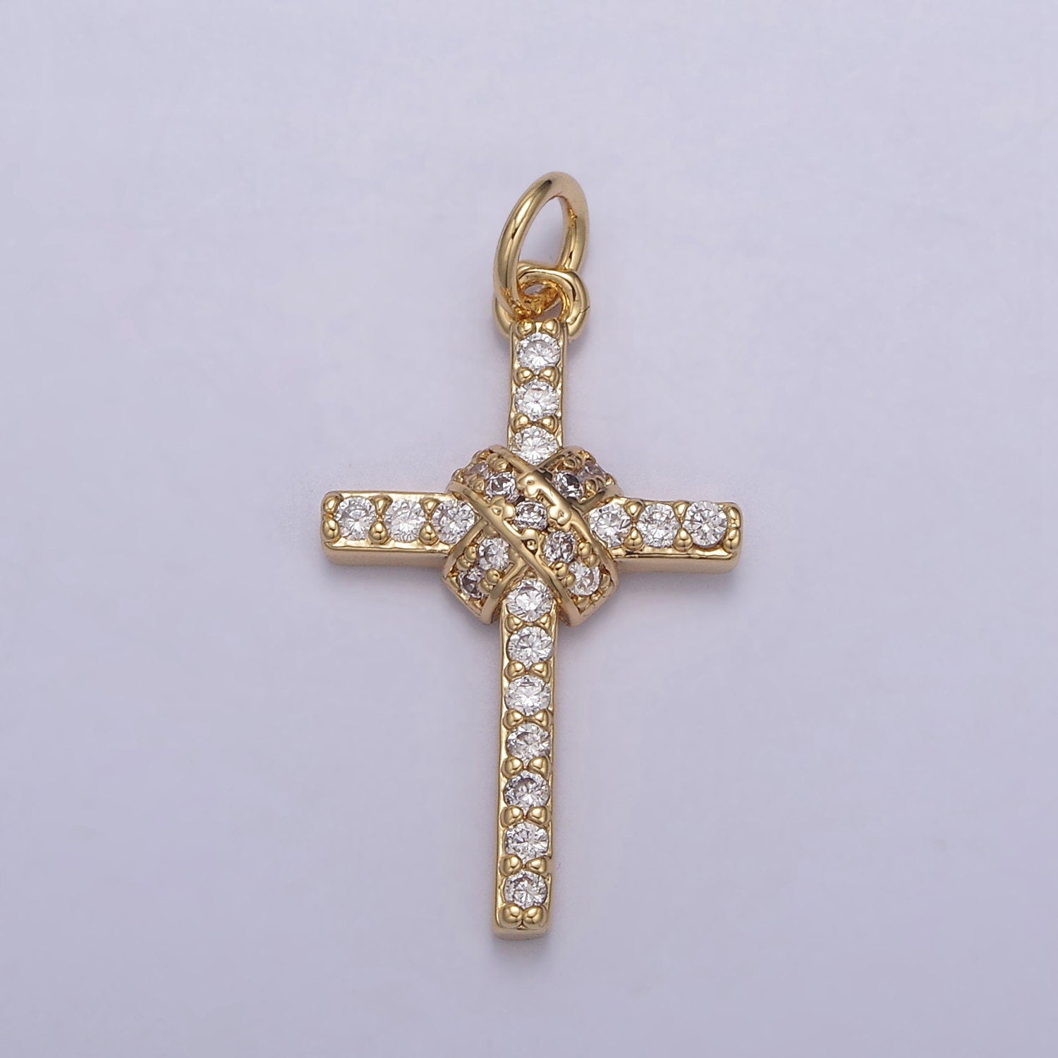 Dainty Bound Cross Charm 16K Gold Filled Cross Pendant with Clear Cubic Zirconia Micro Pave Religious Jewelry Making N-856