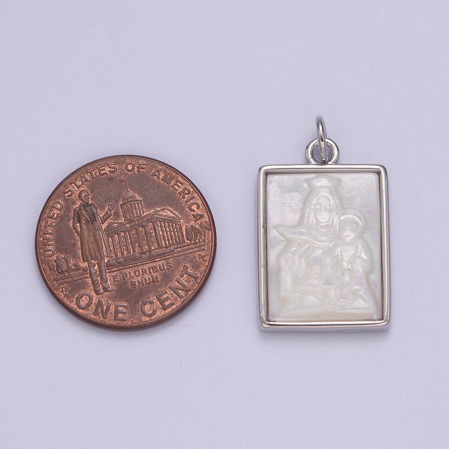 Minimalist Micro Pearl Portrait of Virgin Mary holding Baby Jesus with Silver Picture Frame DIY Pendant Charm Necklace Bracelet | N-936