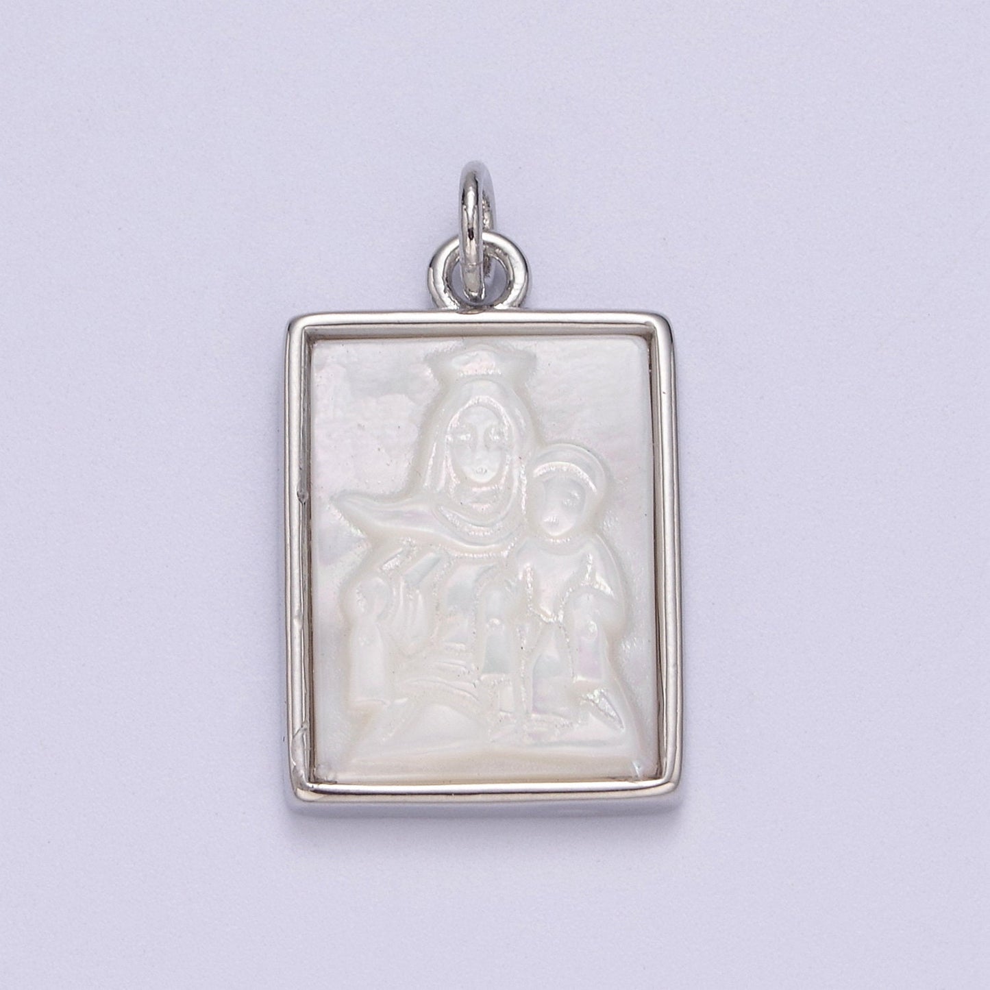 Minimalist Micro Pearl Portrait of Virgin Mary holding Baby Jesus with Silver Picture Frame DIY Pendant Charm Necklace Bracelet | N-936