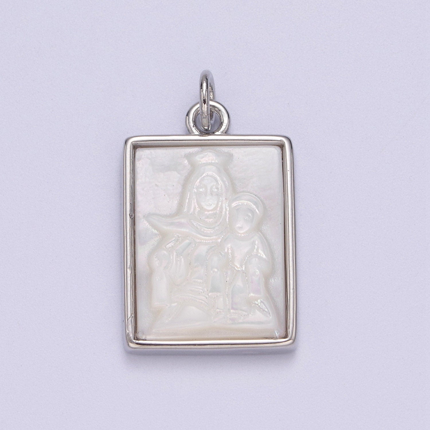 Minimalist Micro Pearl Portrait of Virgin Mary holding Baby Jesus with Silver Picture Frame DIY Pendant Charm Necklace Bracelet | N-936