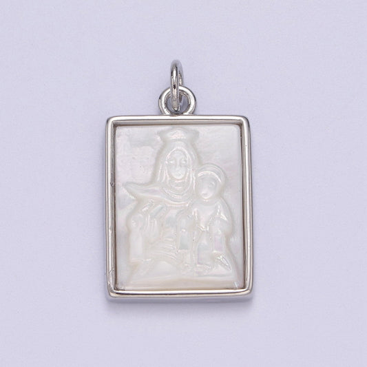 Minimalist Micro Pearl Portrait of Virgin Mary holding Baby Jesus with Silver Picture Frame DIY Pendant Charm Necklace Bracelet | N-936