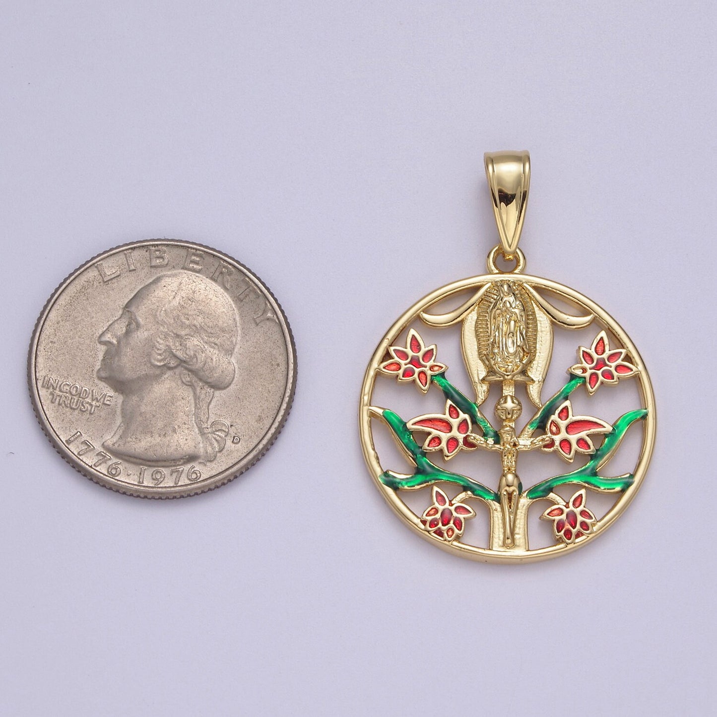 Round Virgin Mary Jesus Crucifixion Red Rose Green Garden Motif Medallion Charm 24K Gold Filled | N-615