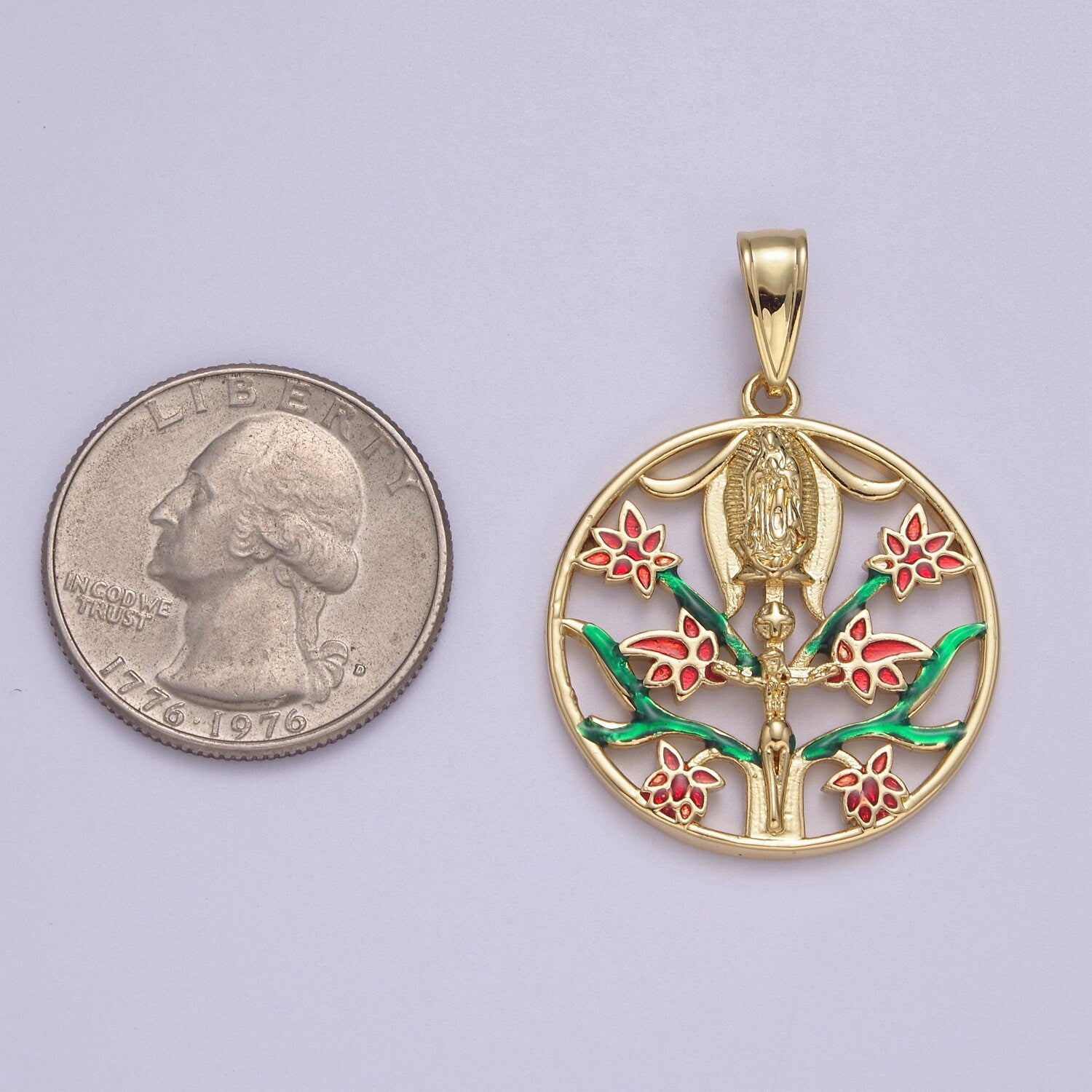 Round Virgin Mary Jesus Crucifixion Red Rose Green Garden Motif Medallion Charm 24K Gold Filled | N-615