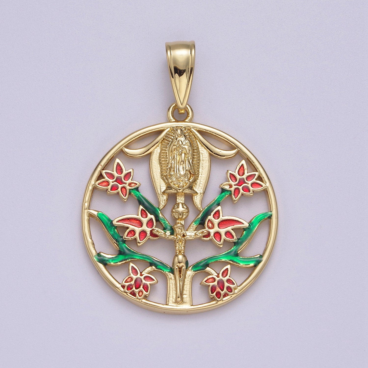 Round Virgin Mary Jesus Crucifixion Red Rose Green Garden Motif Medallion Charm 24K Gold Filled | N-615