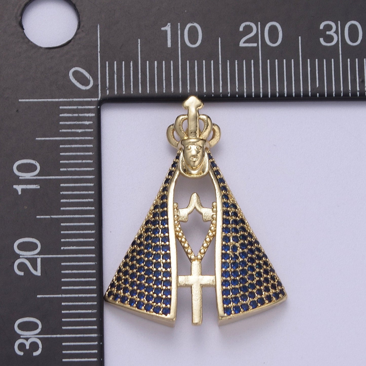 Gold Virgin Mary with Micro CZ Paved Cape and Crown, Praying Holding a Cross Rosary | Religious Catholic Pendant DIY Supply | I-116
