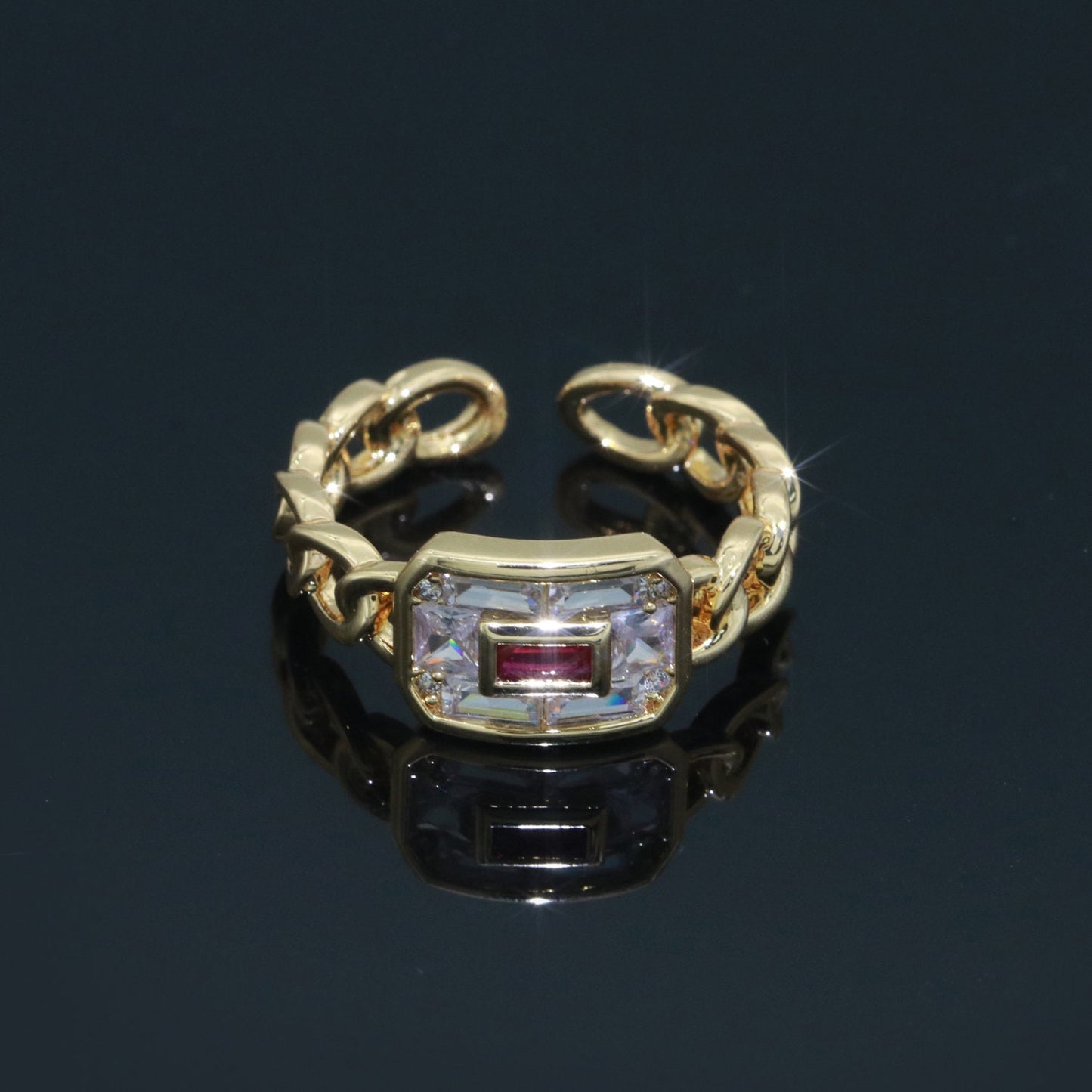 Cocktail Chain Ring Chunky Curb Chain Ring Statement Gold Stackable Rings Cocktail Ring Blue, Pink, Green Cz Stone