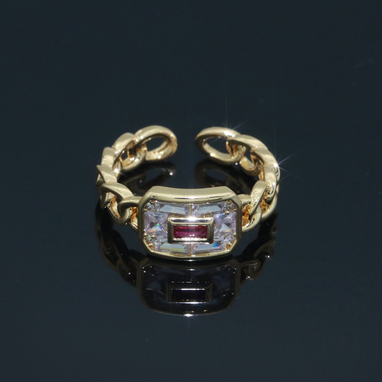 Cocktail Chain Ring Chunky Curb Chain Ring Statement Gold Stackable Rings Cocktail Ring Blue, Pink, Green Cz Stone