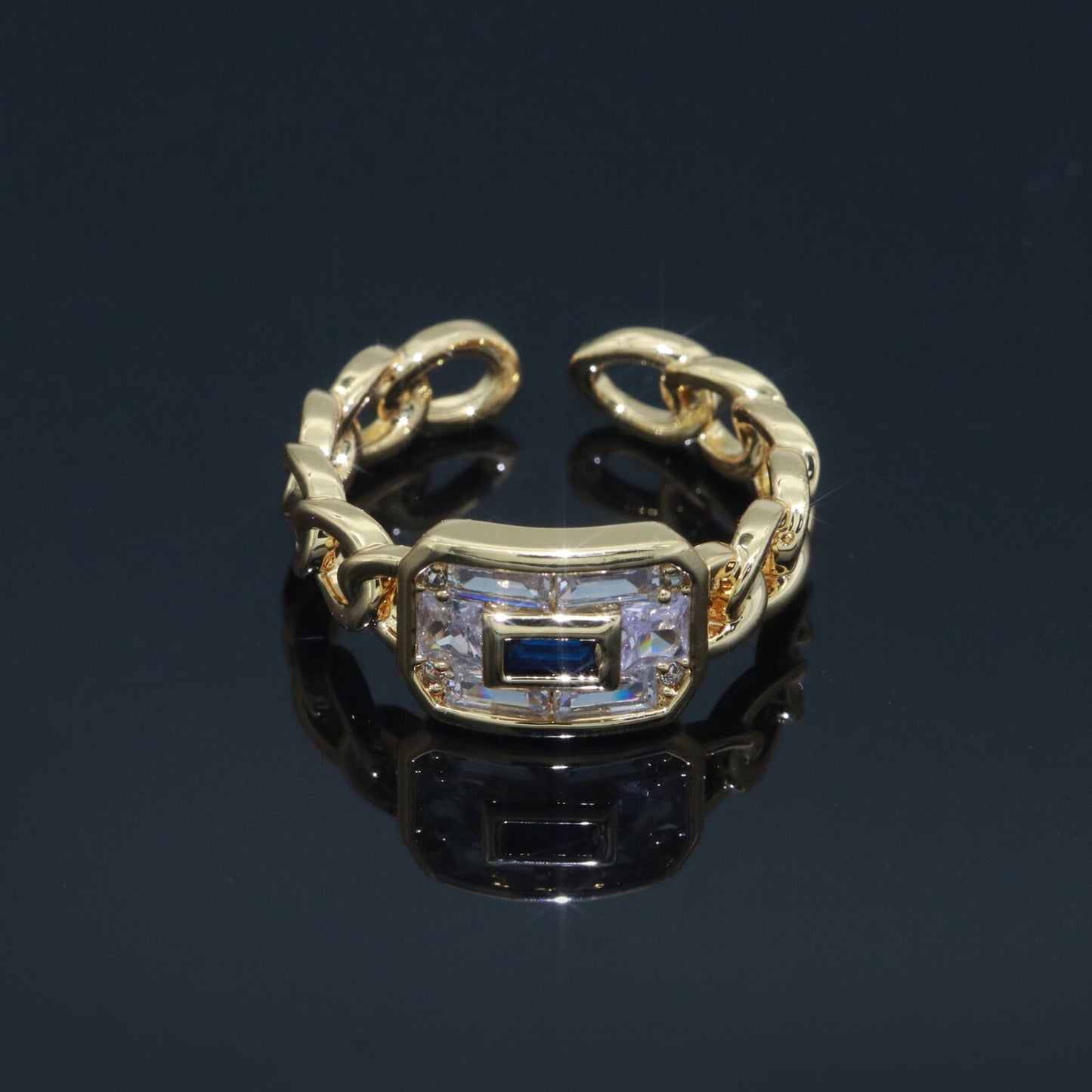 Cocktail Chain Ring Chunky Curb Chain Ring Statement Gold Stackable Rings Cocktail Ring Blue, Pink, Green Cz Stone