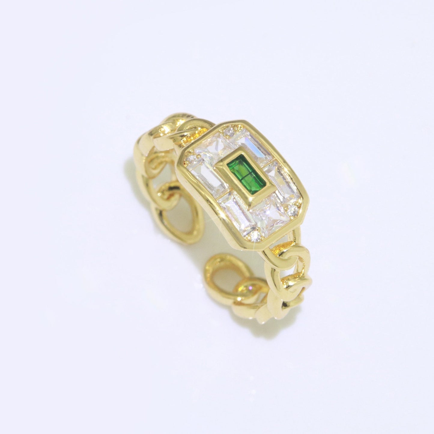 Cocktail Chain Ring Chunky Curb Chain Ring Statement Gold Stackable Rings Cocktail Ring Blue, Pink, Green Cz Stone