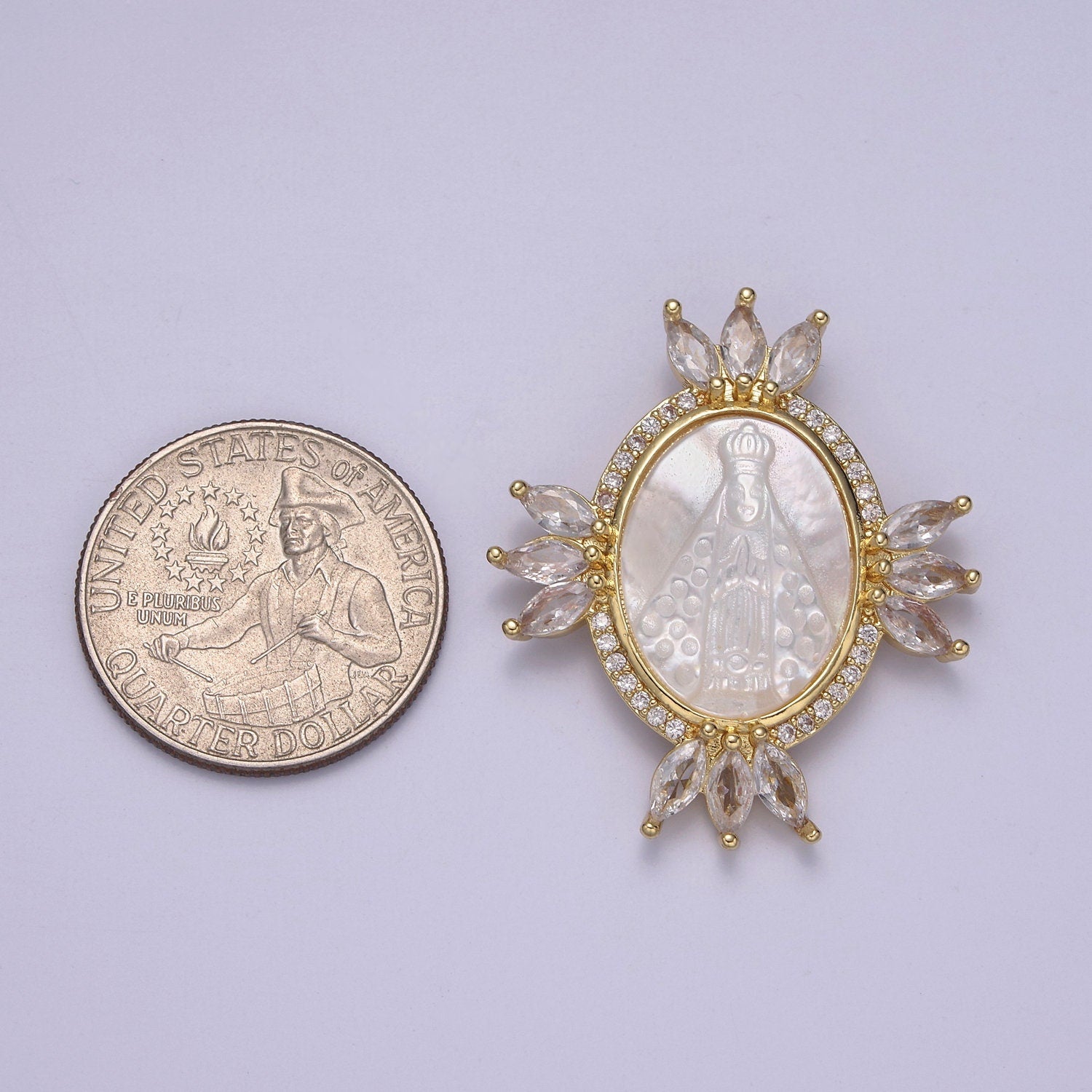 Bold Virgin Mary Pendant in Pearl 24K Gold Filled Oval Frame Clear CZ Micro Pave | DIY Charm Piece | N-573