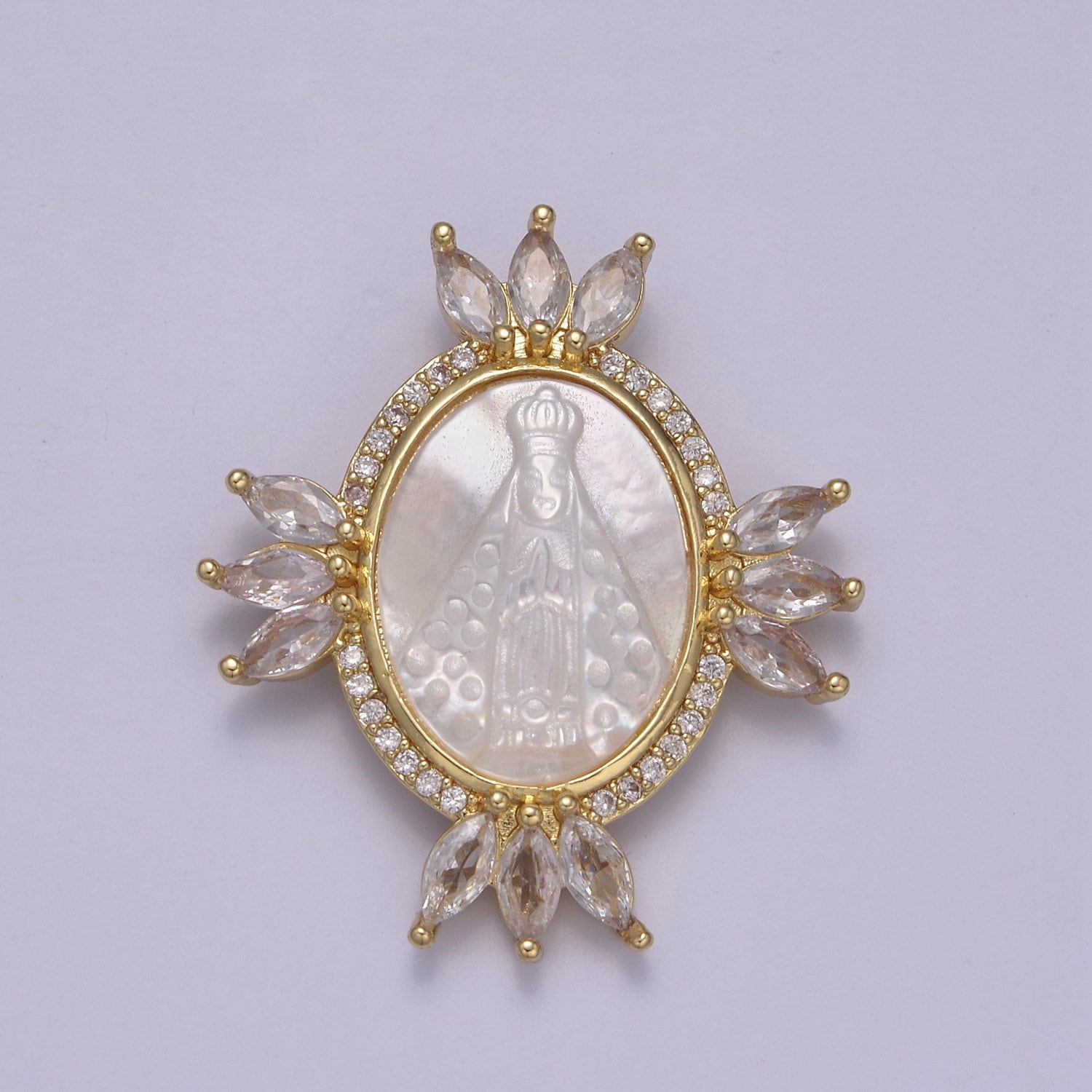 Bold Virgin Mary Pendant in Pearl 24K Gold Filled Oval Frame Clear CZ Micro Pave | DIY Charm Piece | N-573