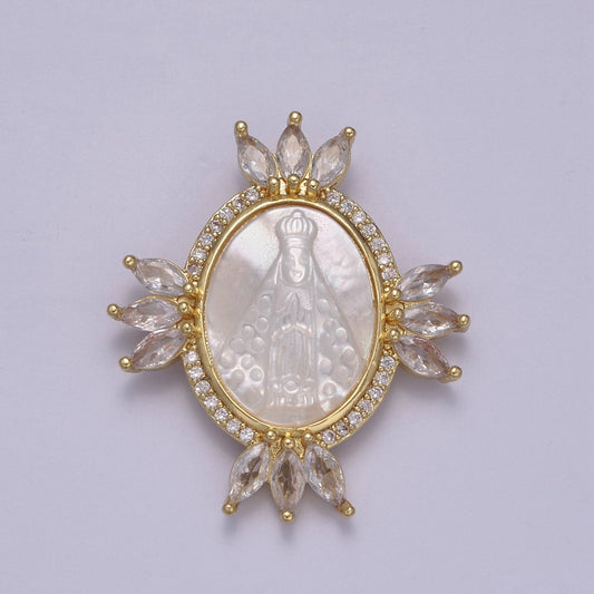Bold Virgin Mary Pendant in Pearl 24K Gold Filled Oval Frame Clear CZ Micro Pave | DIY Charm Piece | N-573