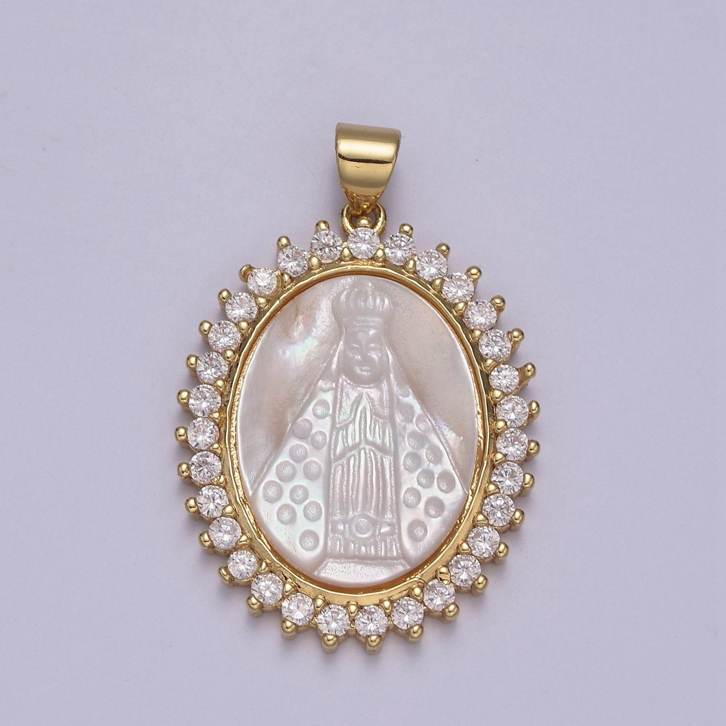 Bold Virgin Mary Pendant in Pearl 24K Gold Filled Oval Frame Clear CZ Pave | DIY Charm Piece | N-574
