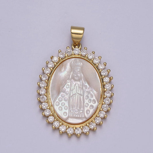 Bold Virgin Mary Pendant in Pearl 24K Gold Filled Oval Frame Clear CZ Pave | DIY Charm Piece | N-574