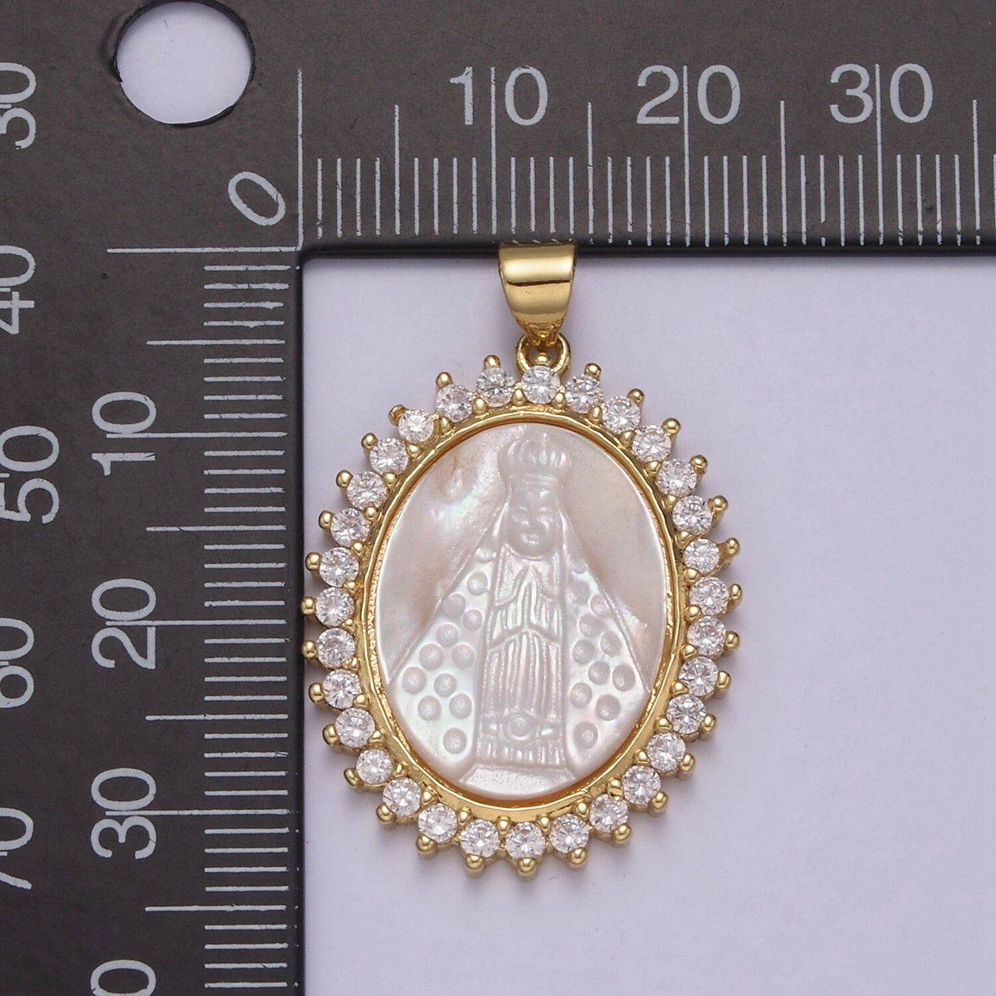 Bold Virgin Mary Pendant in Pearl 24K Gold Filled Oval Frame Clear CZ Pave | DIY Charm Piece | N-574