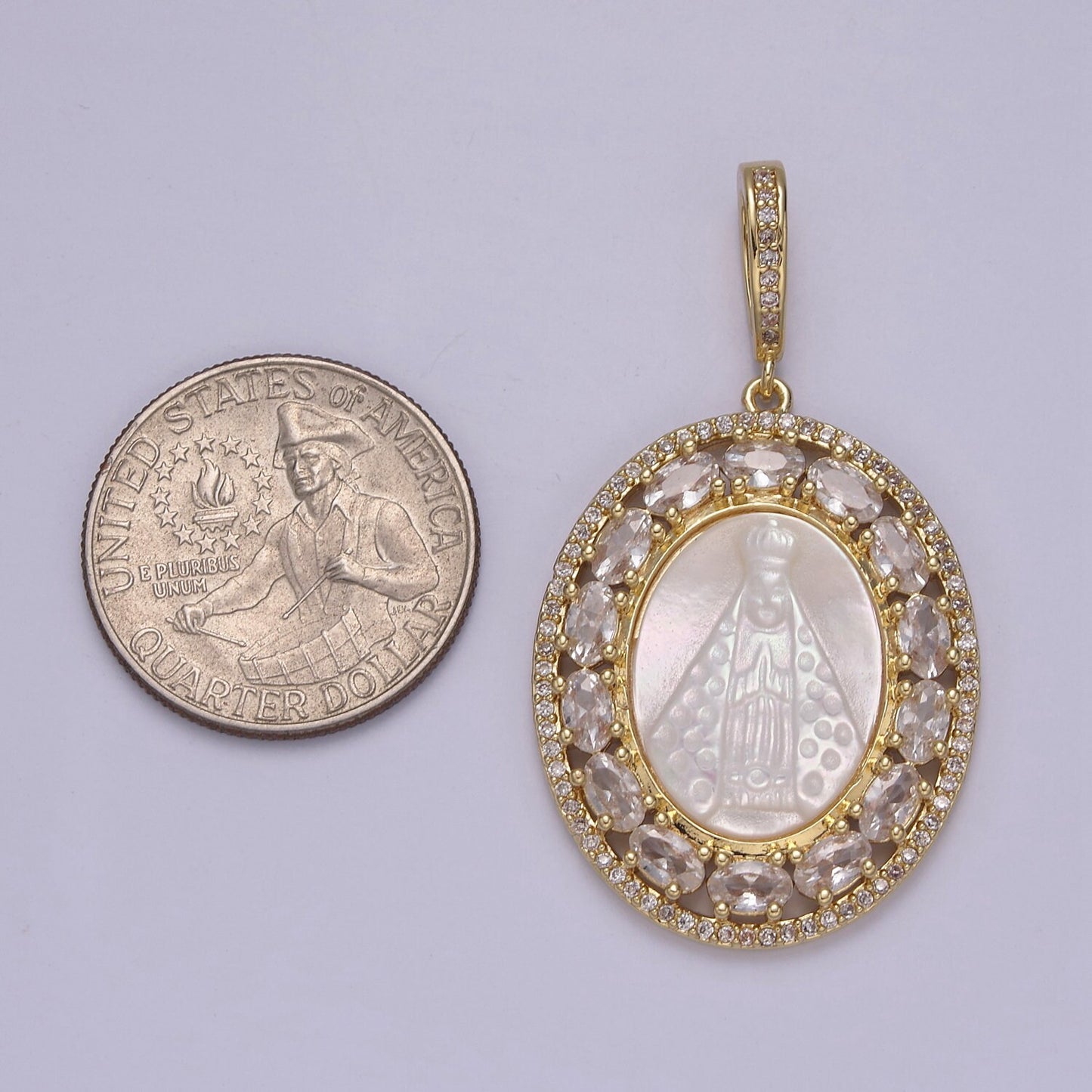 Bold Virgin Mary Pendant in Pearl 24K Gold Filled Oval Frame Clear CZ Pave | DIY Charm Piece | N-571