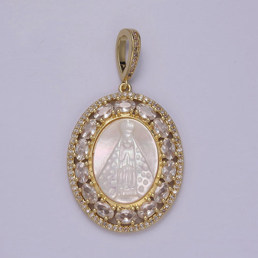 Bold Virgin Mary Pendant in Pearl 24K Gold Filled Oval Frame Clear CZ Pave | DIY Charm Piece | N-571