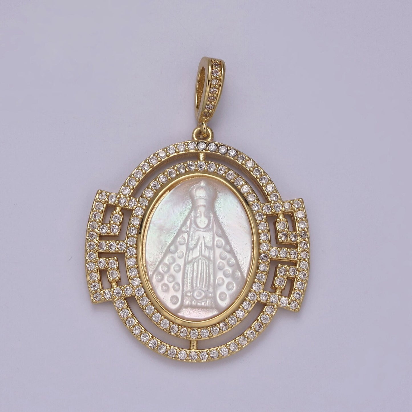 Bold Virgin Mary Pendant in Pearl 24K Gold Filled Oval Frame Clear CZ Micro Pave | DIY Charm Piece | N-575