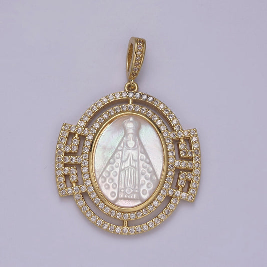 Bold Virgin Mary Pendant in Pearl 24K Gold Filled Oval Frame Clear CZ Micro Pave | DIY Charm Piece | N-575