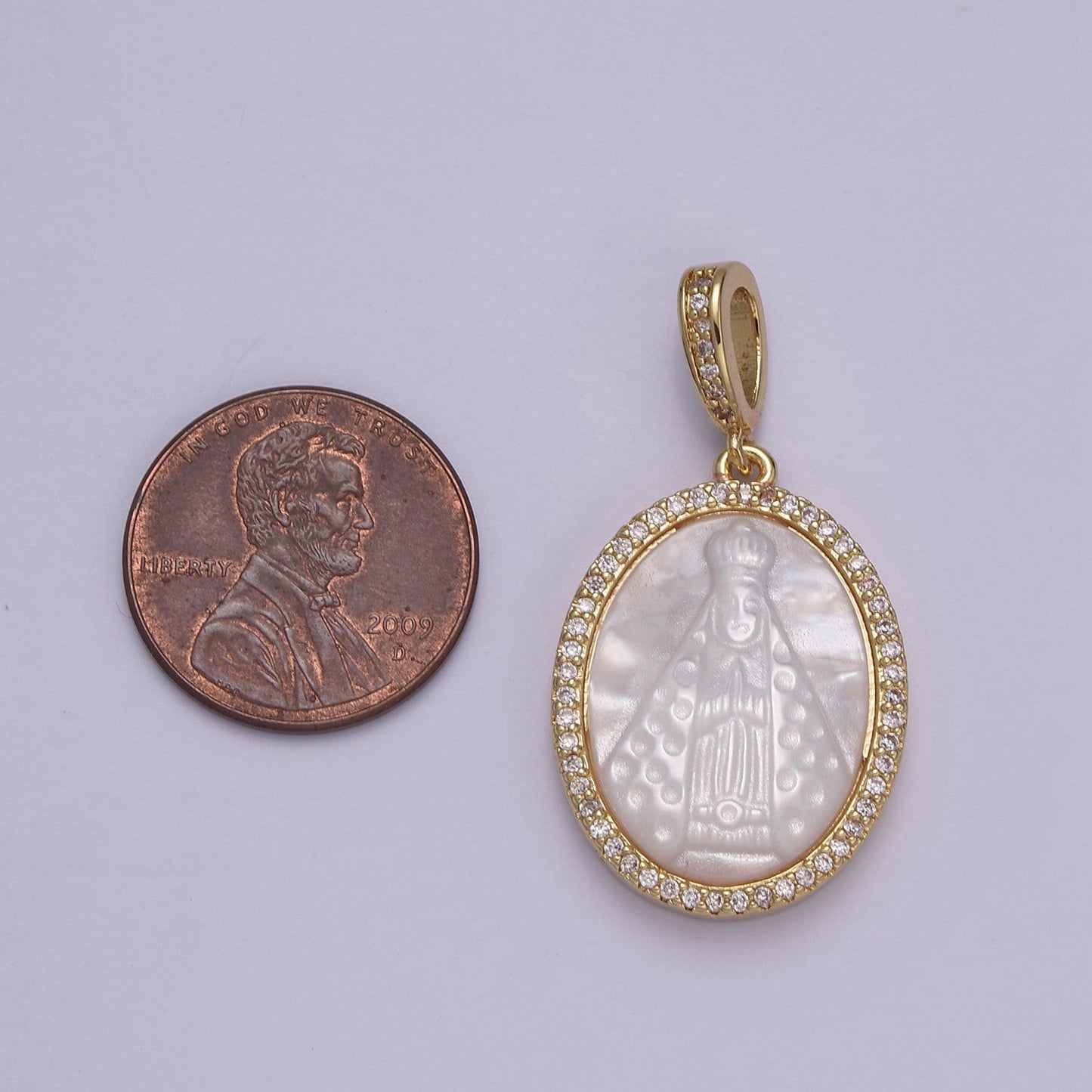 Dainty Virgin Mary Pendant in Pearl 24K Gold Filled Oval Frame Clear CZ Micro Pave | DIY Charm Piece | N-576