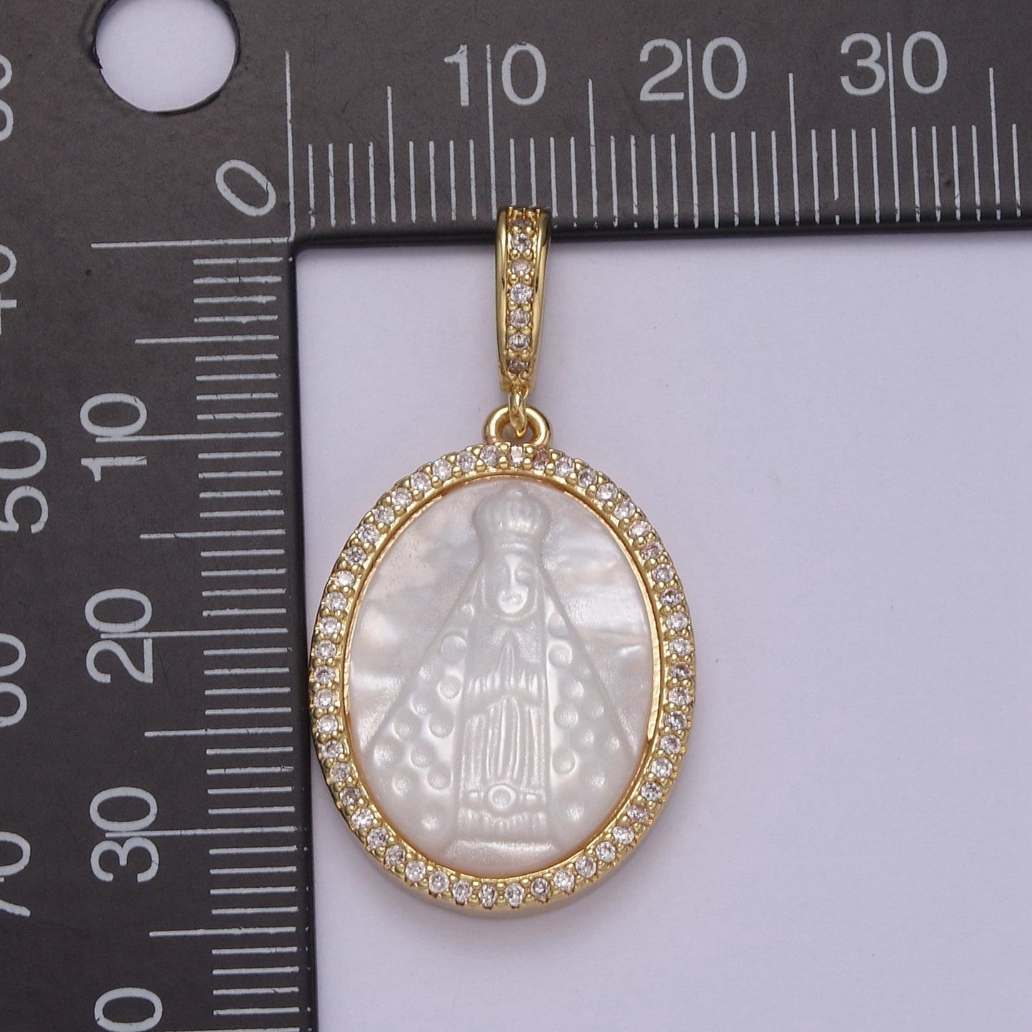Dainty Virgin Mary Pendant in Pearl 24K Gold Filled Oval Frame Clear CZ Micro Pave | DIY Charm Piece | N-576