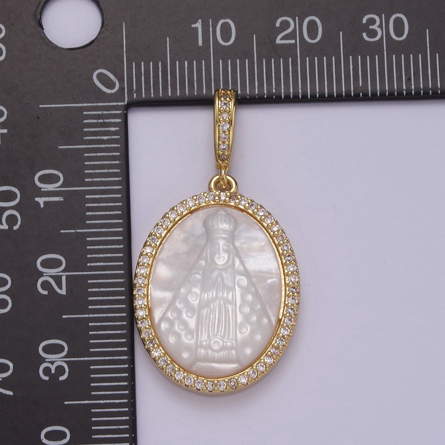 Dainty Virgin Mary Pendant in Pearl 24K Gold Filled Oval Frame Clear CZ Micro Pave | DIY Charm Piece | N-576