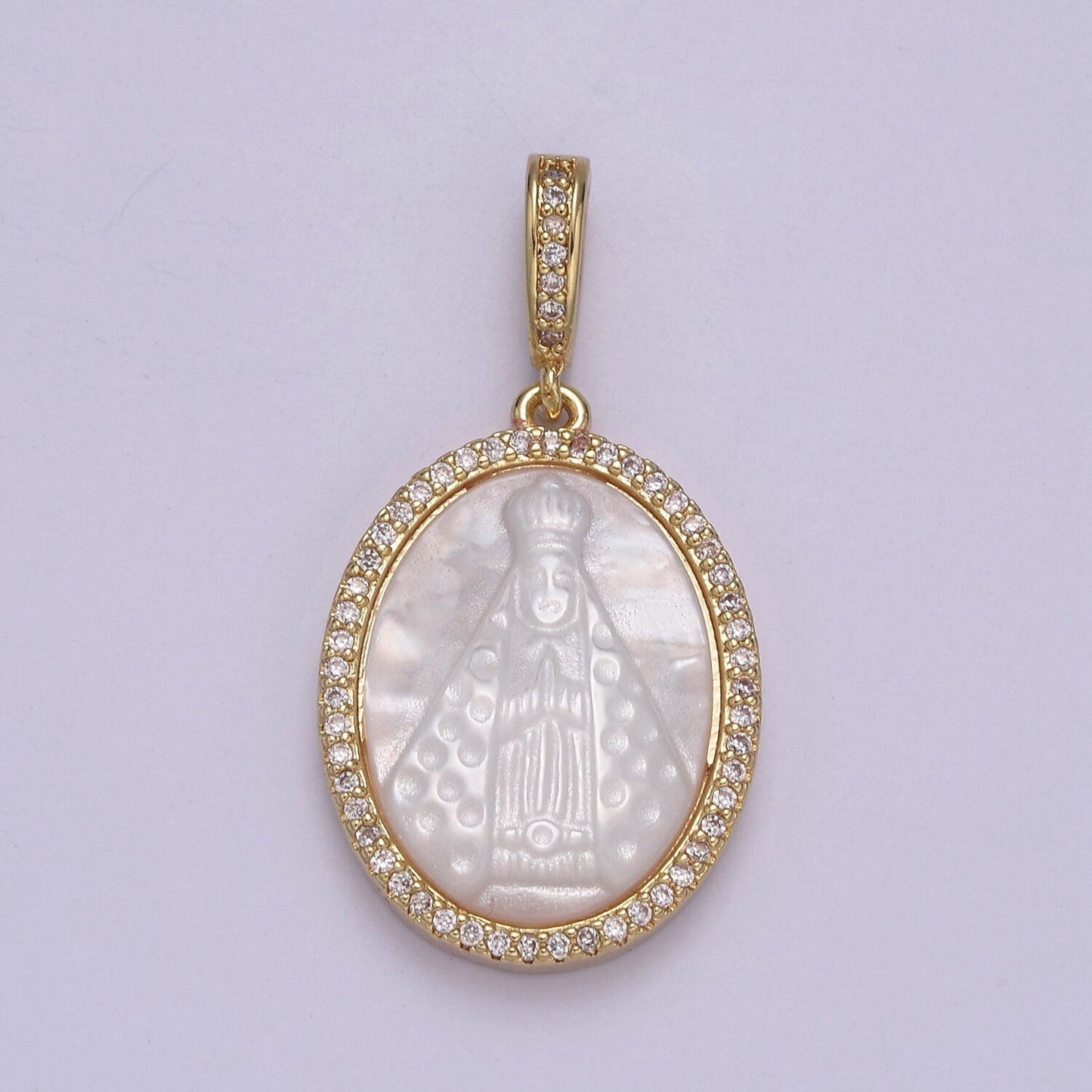 Dainty Virgin Mary Pendant in Pearl 24K Gold Filled Oval Frame Clear CZ Micro Pave | DIY Charm Piece | N-576