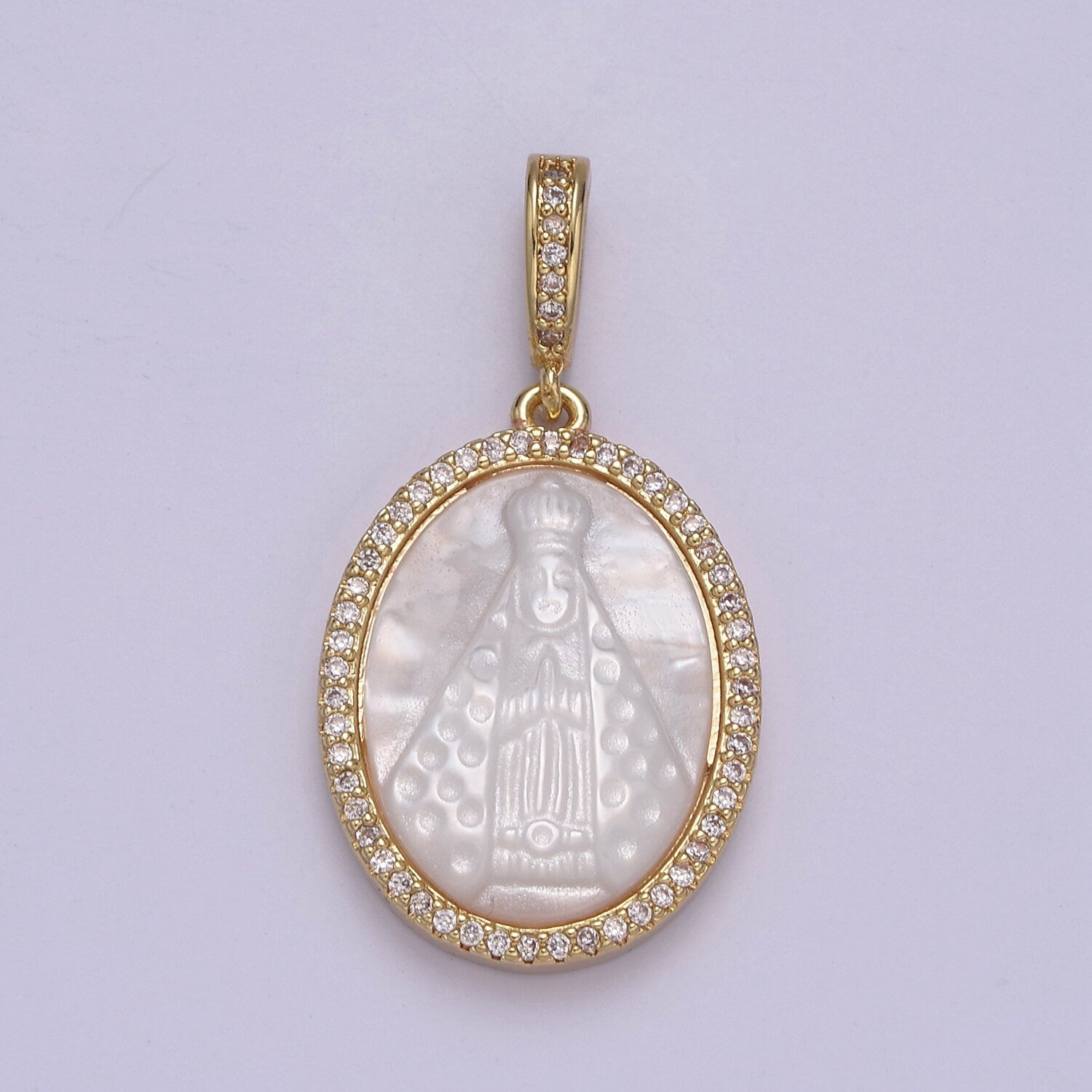 Dainty Virgin Mary Pendant in Pearl 24K Gold Filled Oval Frame Clear CZ Micro Pave | DIY Charm Piece | N-576
