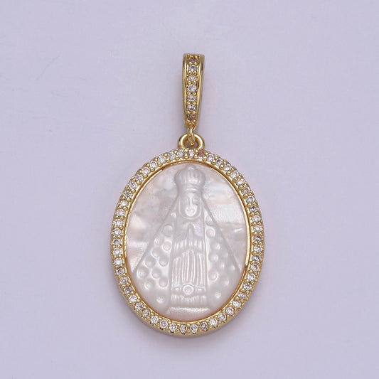 Dainty Virgin Mary Pendant in Pearl 24K Gold Filled Oval Frame Clear CZ Micro Pave | DIY Charm Piece | N-576