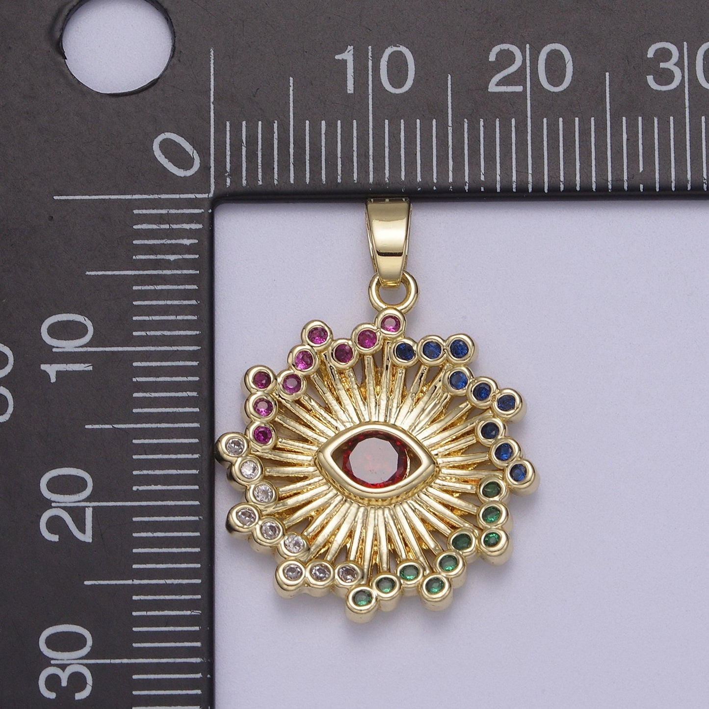Multi Colored CZ Evil Eye Sun Burst Pendant 14K Gold Filled | DIY Charm Necklace Bracelet | N-602