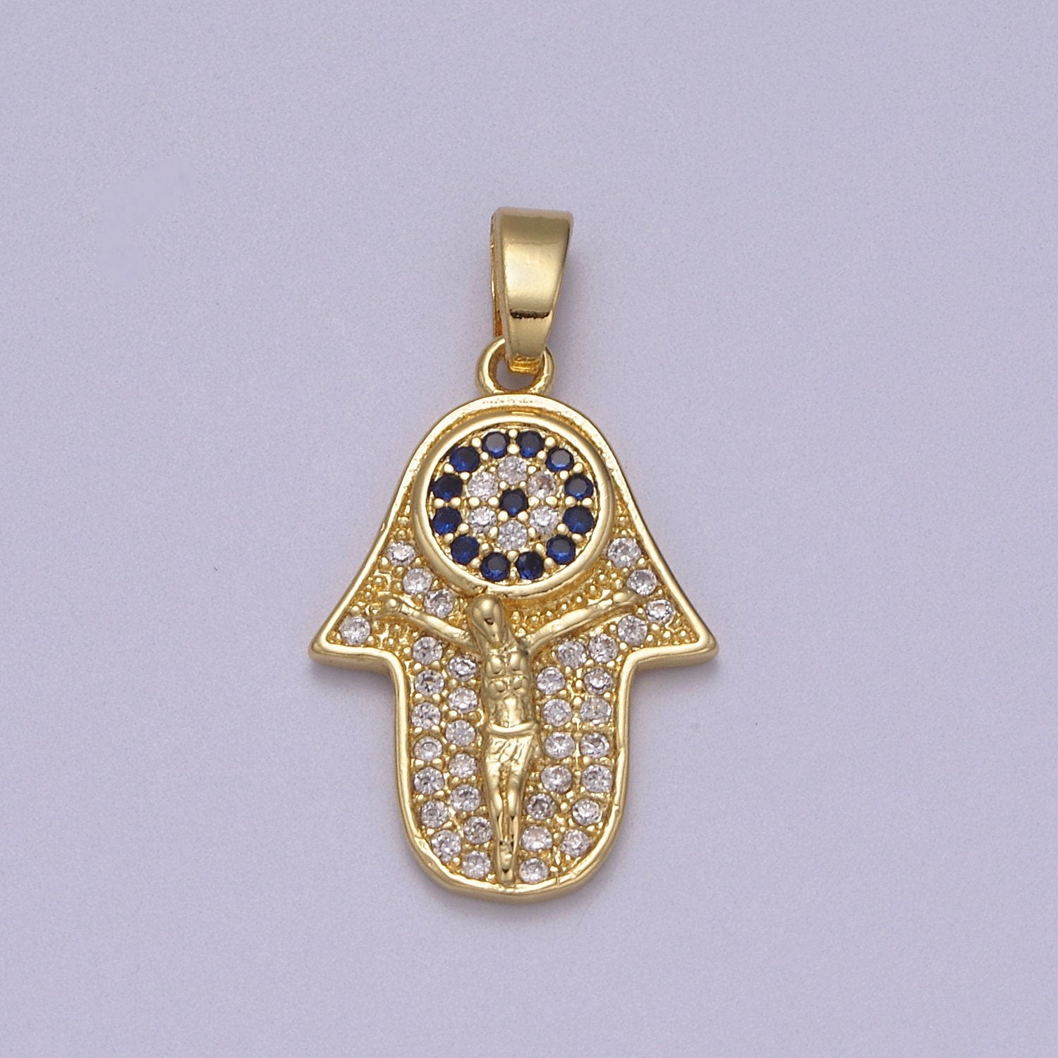 Dainty Hamsa Hand Charm with Crucifix Jesus 14K Gold Filled Micro CZ Pave | DIY Pendant Piece for Necklace Bracelet | N-596