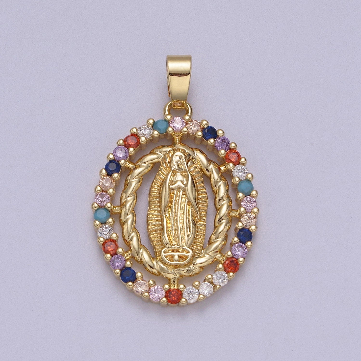 Dainty Virgin Mary Oval Pendant in Clear or Multi Color CZ 14K Gold Filled | DIY Fashion Charm Necklace Bracelet Earring | N-605 N-606