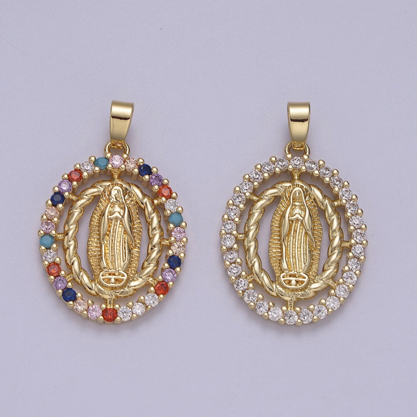 Dainty Virgin Mary Oval Pendant in Clear or Multi Color CZ 14K Gold Filled | DIY Fashion Charm Necklace Bracelet Earring | N-605 N-606