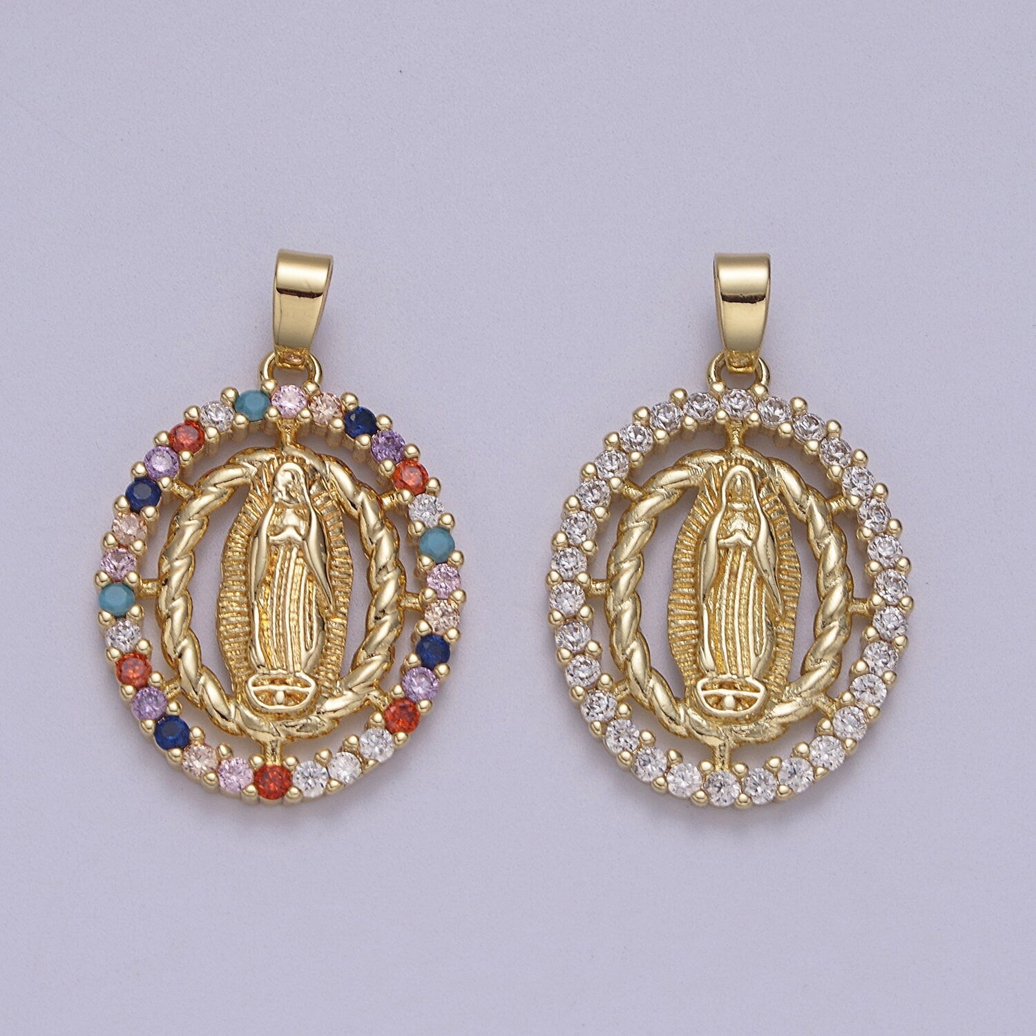 Dainty Virgin Mary Oval Pendant in Clear or Multi Color CZ 14K Gold Filled | DIY Fashion Charm Necklace Bracelet Earring | N-605 N-606