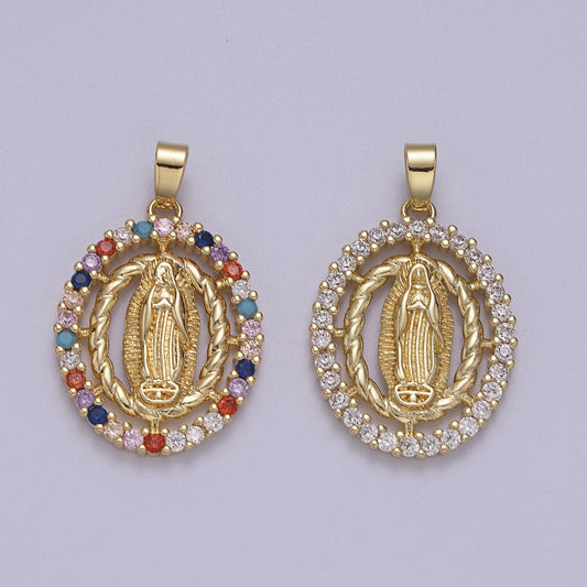 Dainty Virgin Mary Oval Pendant in Clear or Multi Color CZ 14K Gold Filled | DIY Fashion Charm Necklace Bracelet Earring | N-605 N-606