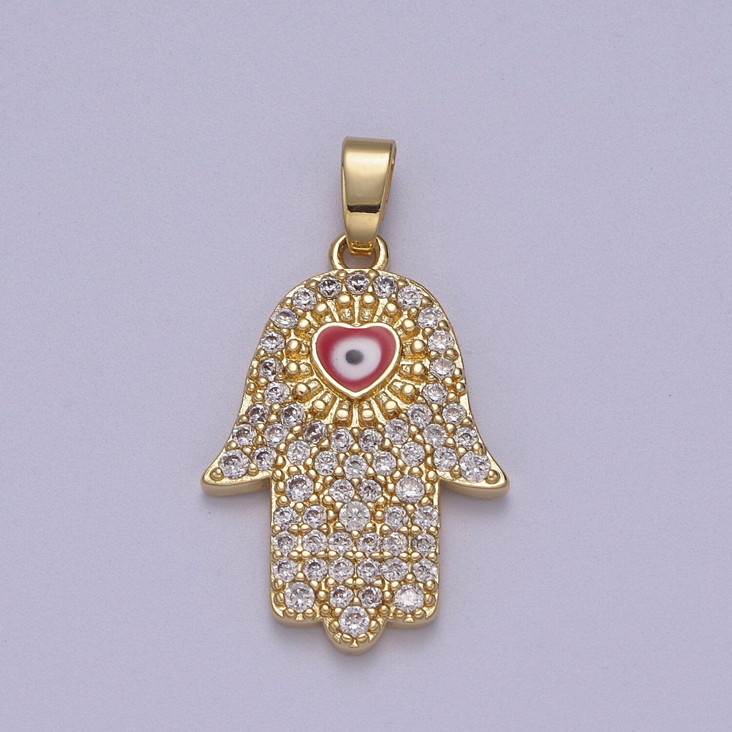 Dainty Hamsa Hand Charm with Heart Shaped Eye Pink 14K Gold Filled Micro CZ Pave | DIY Pendant Piece for Necklace Bracelet | N-601