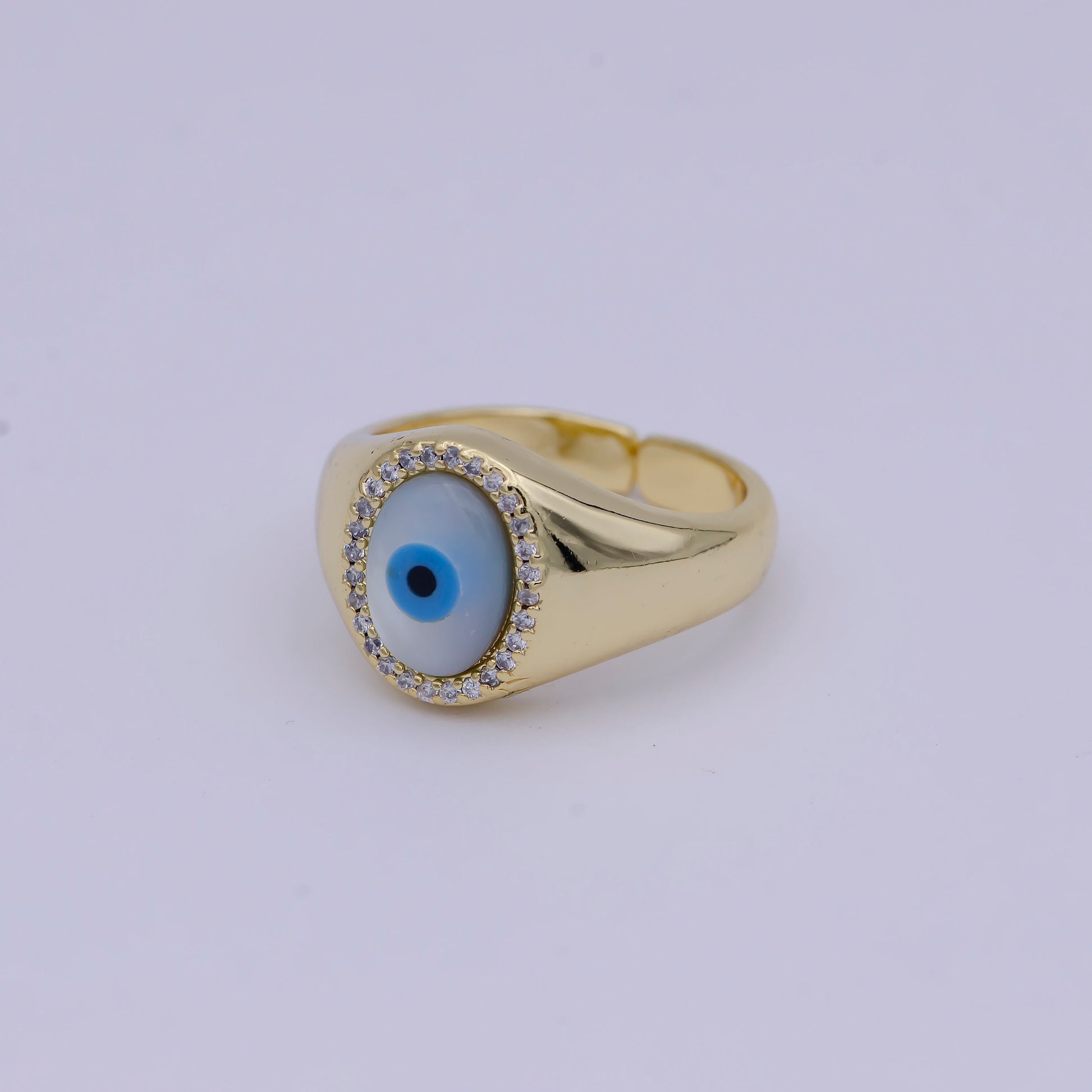 Gold Evil Eye Signet Ring Amulet Jewelry Stackable Open Adjustable Ring, Trendy Minimalist Jewelry U-476