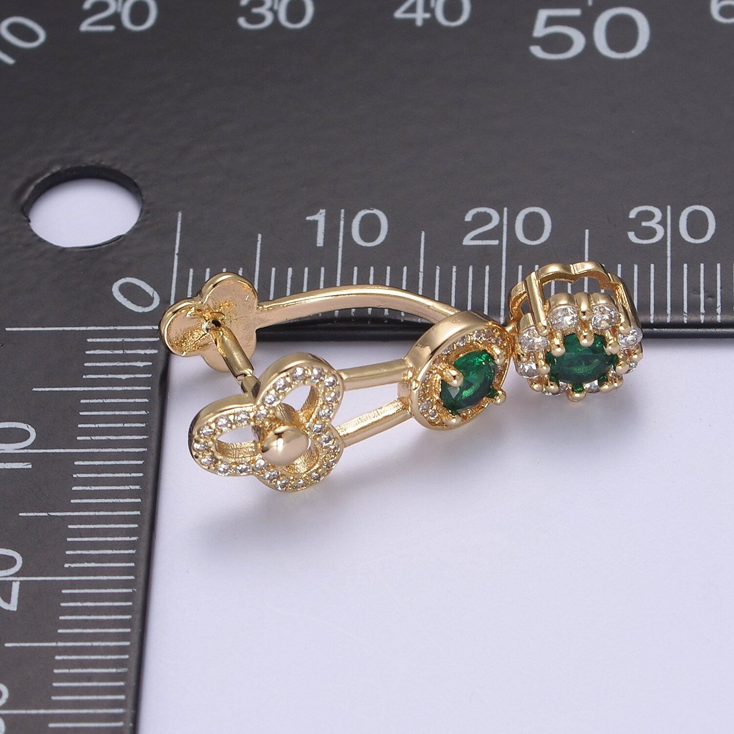 Green Cz Pinch Bail, 28.3x9.6mm, Pendant bail, 16K gold Filled brass Jewelry Gold bail, Charm bail, Ice pick with Micro Pave CZ Stone L-651