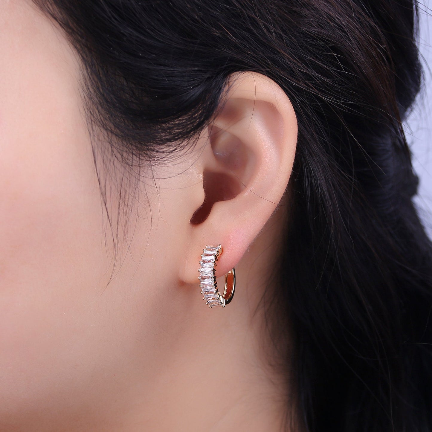 Dainty Baguette Huggie Hoop Earring • Clear Cz 18k Gold Fill Earrings • Perfect Minimalist Look • Baguette Hoops Earring for Everyday Wear